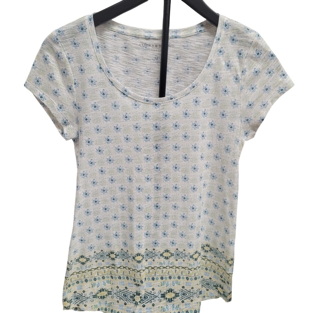 Lucky Brand Women's XS T Shirt Short Sleeve Floral Print‎ Scoop Neck Top Dainty